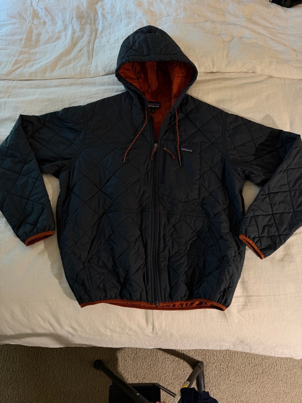 Patagonia Black Quilted Hooded Puffer with Rust Lining